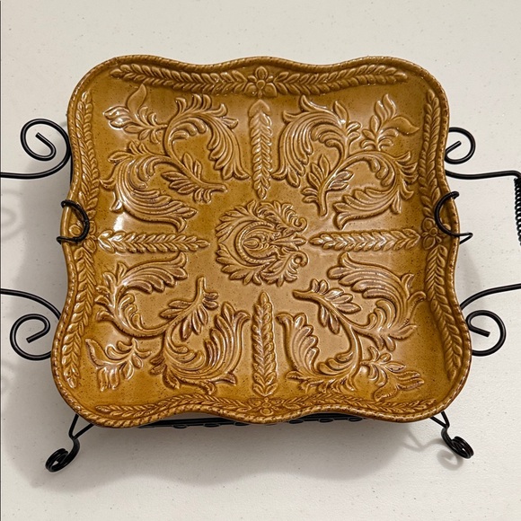 Ornate Square Ceramic Dish with Metal Stand - Picture 2 of 5